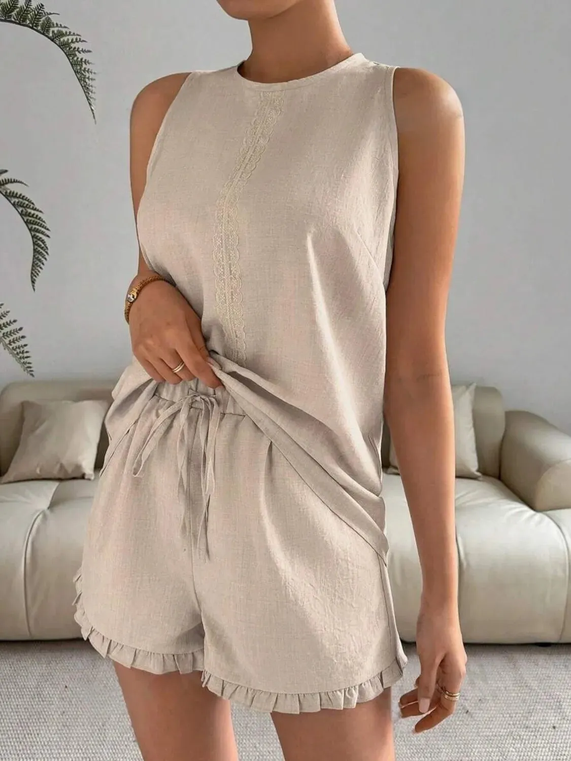 Lace Detail Round Neck Tank and Shorts Set sold by Gigi Laurent product image thumbnail 2