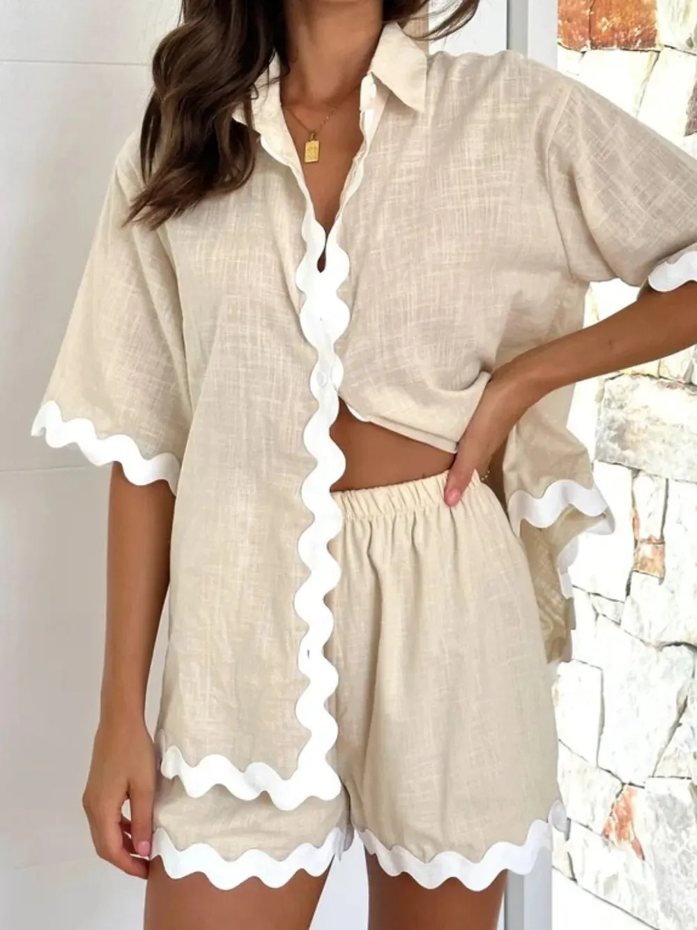 Contrast Trim Half Sleeve Top and Shorts Set sold by Gigi Laurent