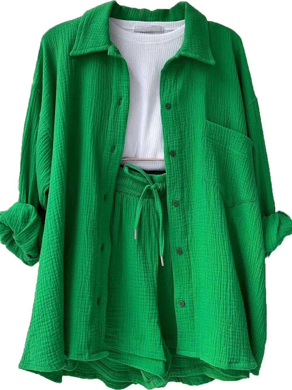 Texture Button Up Shirt and Drawstring Shorts Set sold by Gigi Laurent product image thumbnail 4