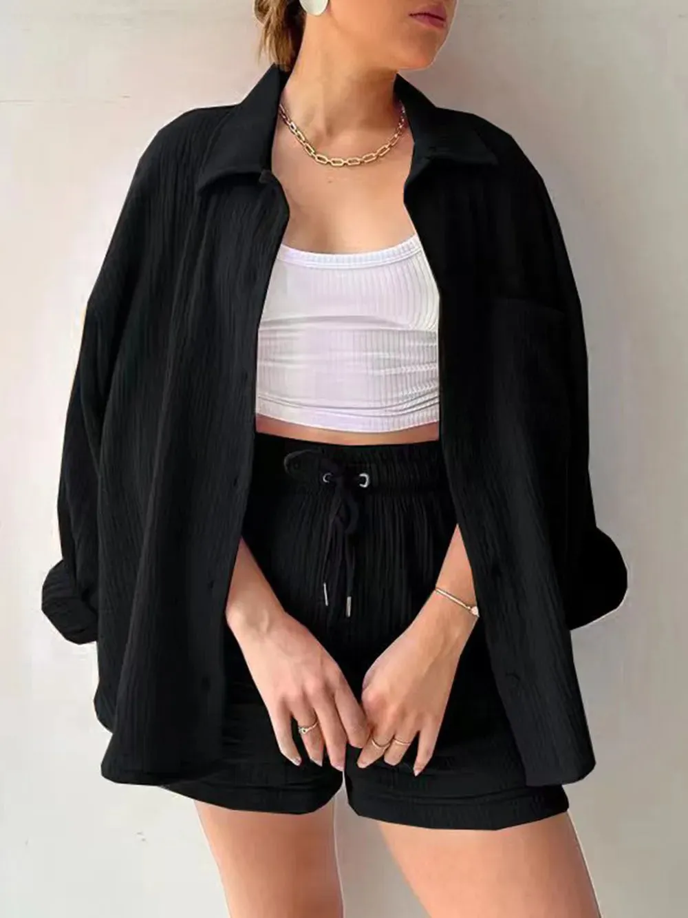 Texture Button Up Shirt and Drawstring Shorts Set sold by Gigi Laurent product image thumbnail 5