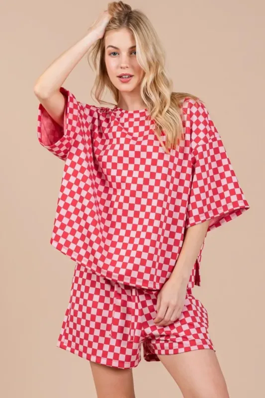 Ces Femme Checkered Round Neck Top and Shorts Set made by Trendsi