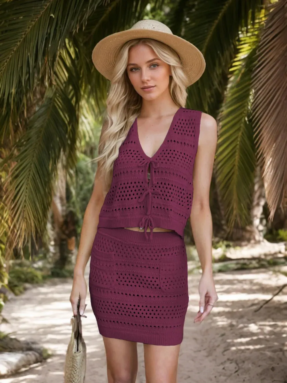 Openwork V-Neck Top and Skirt Knit Cover Up Set sold by Gigi Laurent product image thumbnail 5