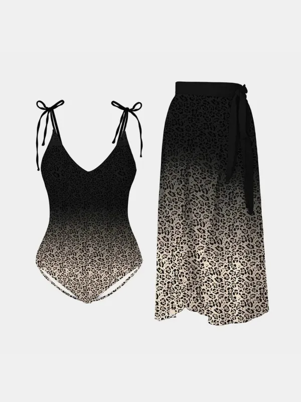 FAM-FAM Leopard Tie Shoulder Swimwear and Skirt Swim Set sold by Gigi Laurent