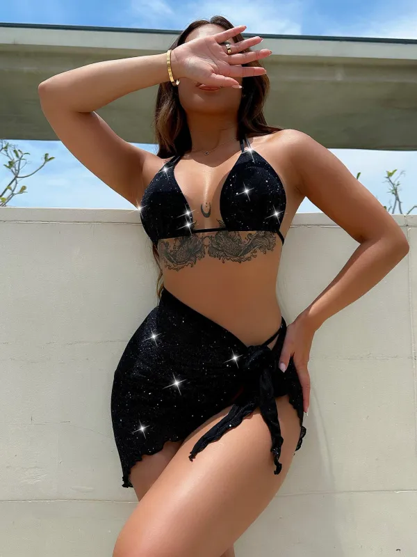 Glitter Halter Neck Backless Three-Piece Swim Set sold by Gigi Laurent