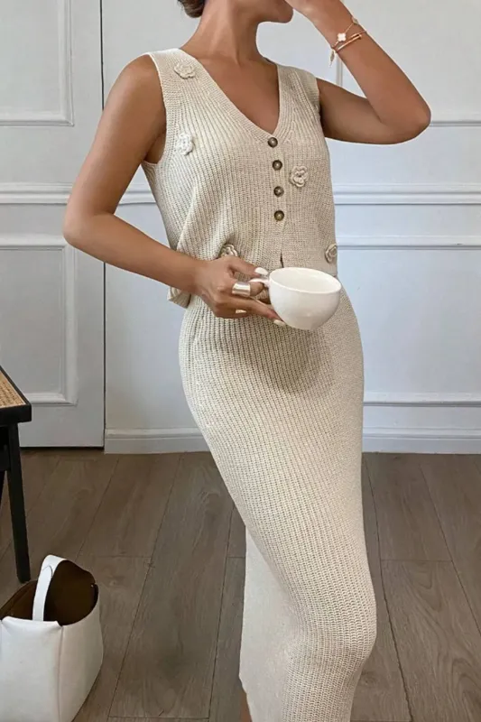 Flower V-Neck Vest and Skirt Sweater Set sold by Gigi Laurent