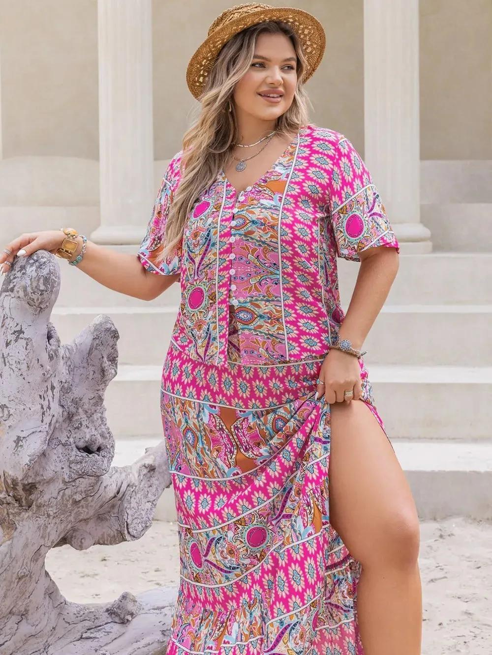 Plus Size Printed V-Neck Half Sleeve Top and Skirt Set sold by Gigi Laurent product image thumbnail 3
