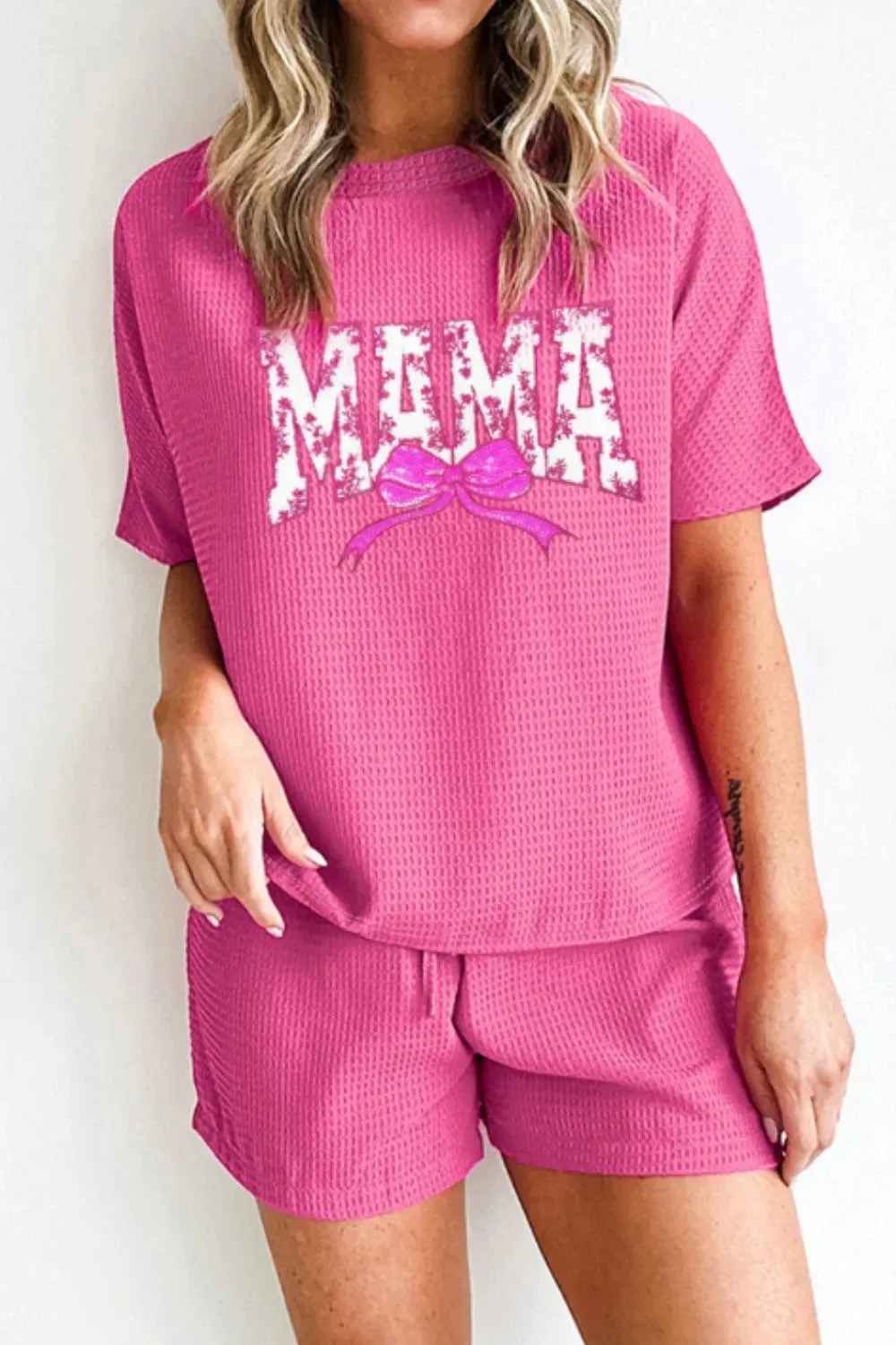 Waffle Sequin Floral MAMA Bow Graphic Top and Shorts Set sold by Gigi Laurent product image thumbnail 4