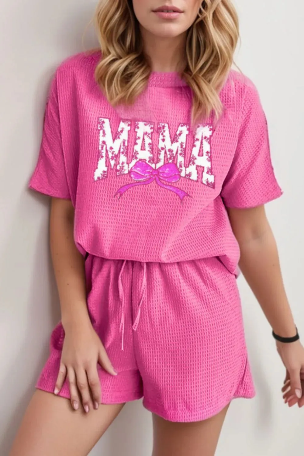 Waffle Sequin Floral MAMA Bow Graphic Top and Shorts Set sold by Gigi Laurent
