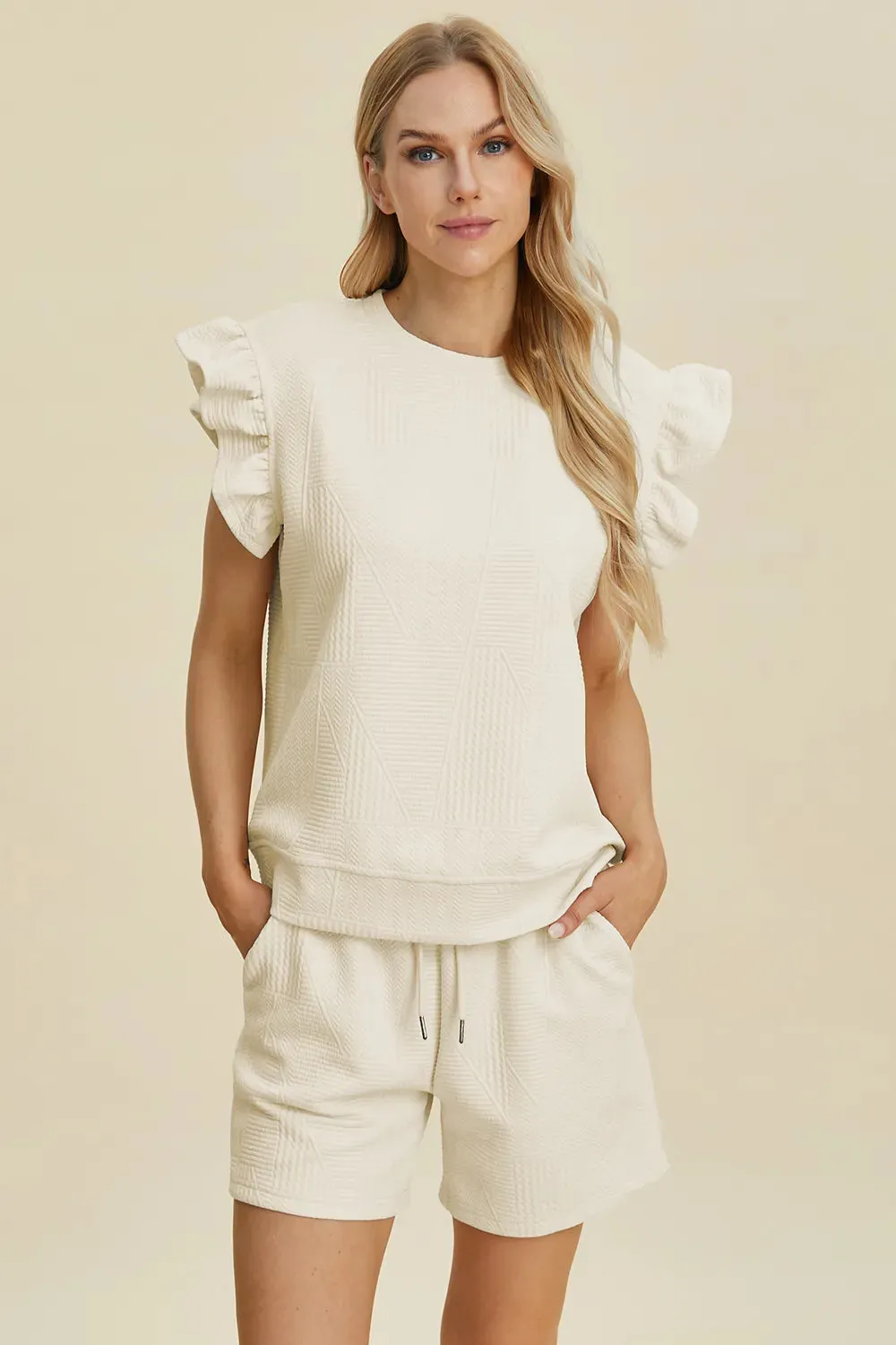 Double Take Full Size Texture Round Neck Ruffle Sleeve Top and Shorts Set sold by Gigi Laurent product image thumbnail 5