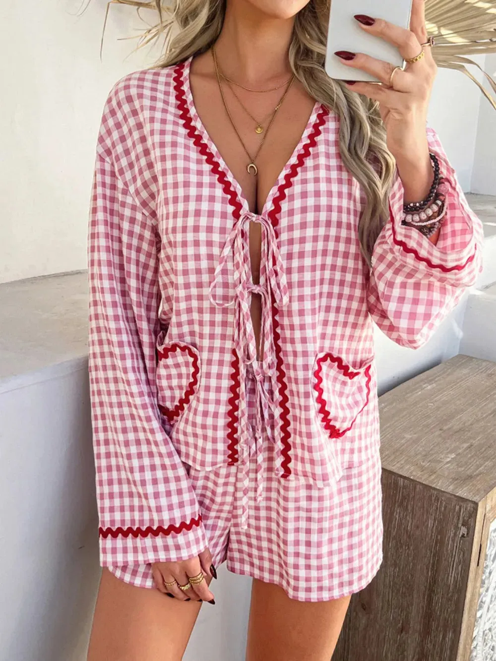 Devine Tie Front Contrast Plaid Shirt and Shorts Set sold by Gigi Laurent product image thumbnail 4