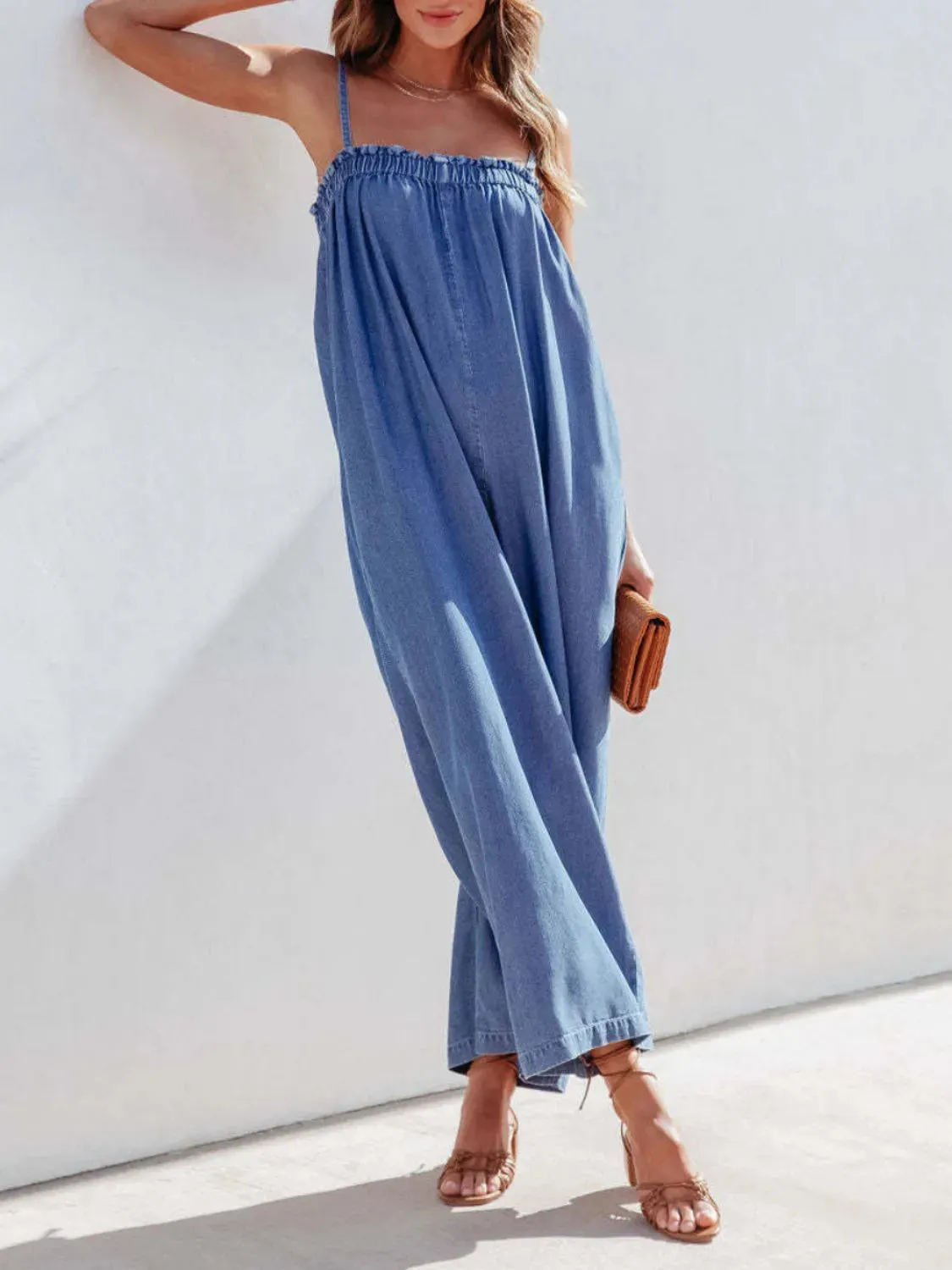 Spaghetti Strap Wide Leg Denim Jumpsuit sold by Gigi Laurent product image thumbnail 3