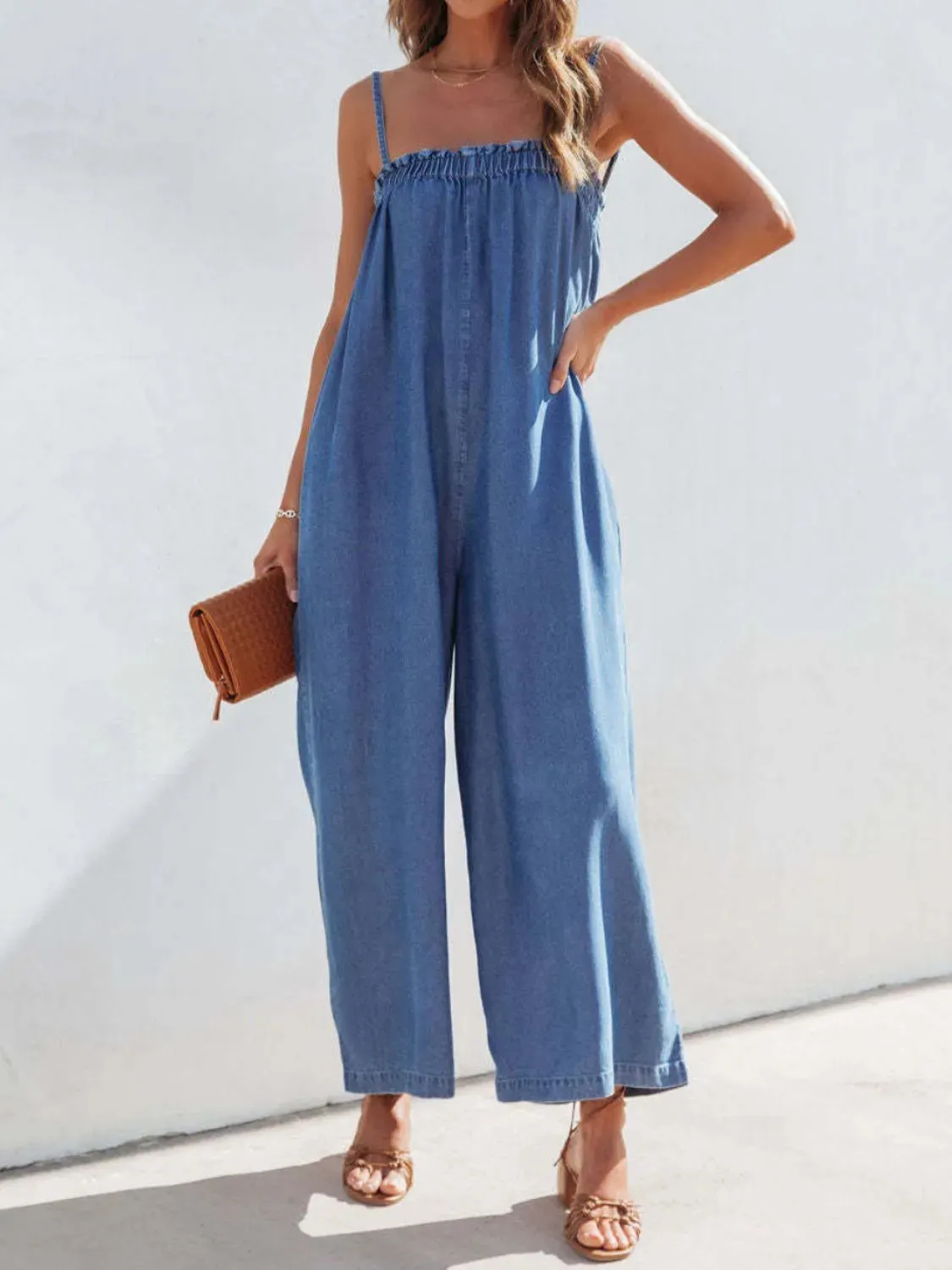 Spaghetti Strap Wide Leg Denim Jumpsuit sold by Gigi Laurent product image thumbnail 4
