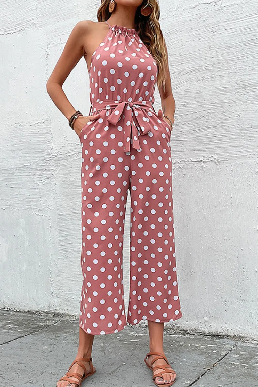 Perfee Polka Dot Grecian Wide Leg Jumpsuit sold by Gigi Laurent product image thumbnail 2