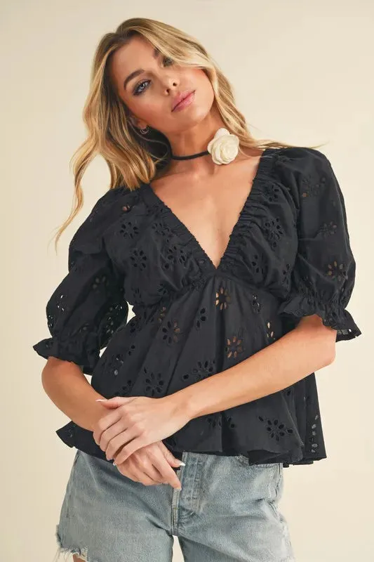 Aemi + Co Eyelet Embroidered V-Neck Half Sleeve Peplum Blouse sold by Gigi Laurent product image thumbnail 2