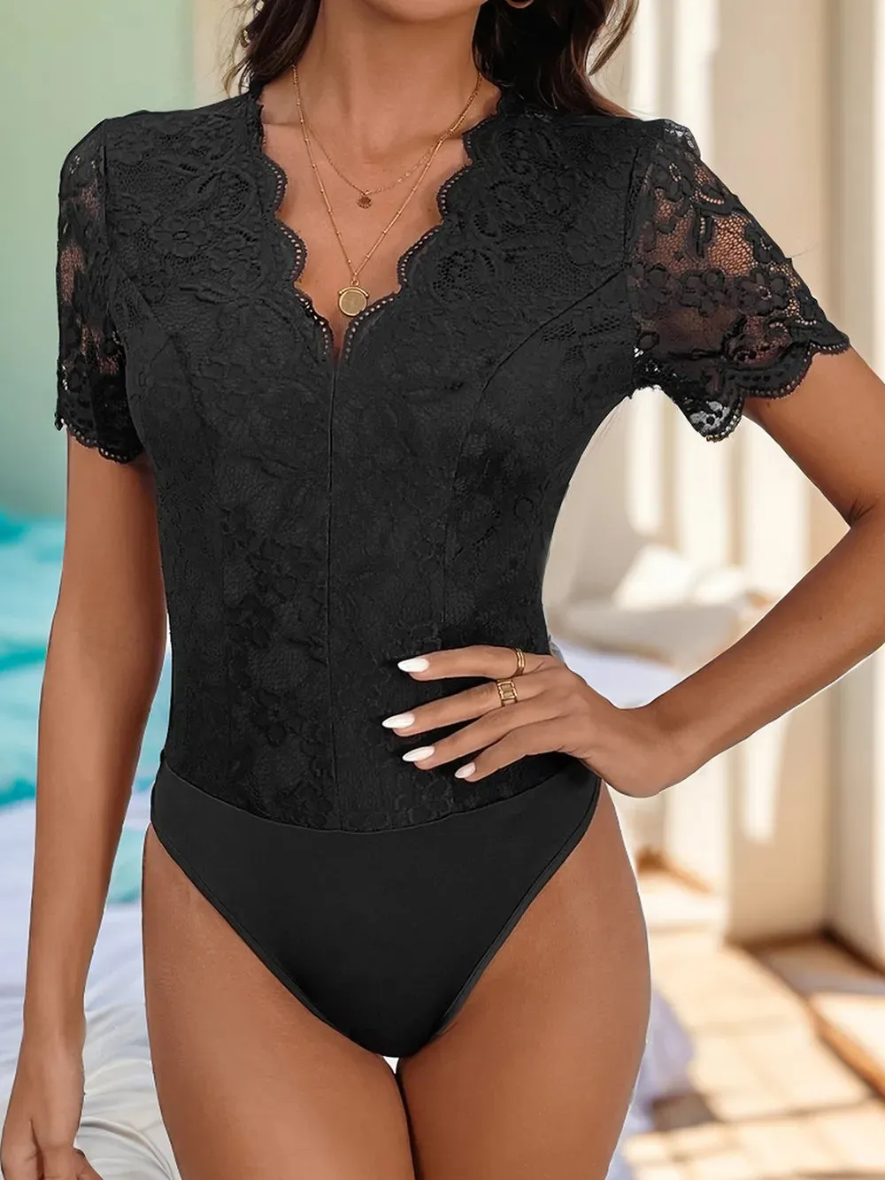 Perfee V-Neck Short Sleeve Lace Bodysuit sold by Gigi Laurent