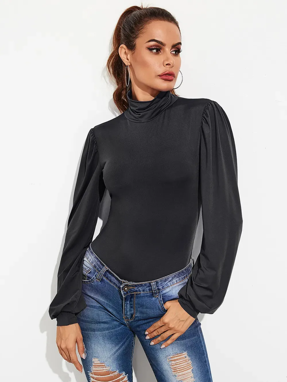 Backless Tie-Waist Turtleneck Lantern Sleeve Bodysuit sold by Gigi Laurent product image thumbnail 2