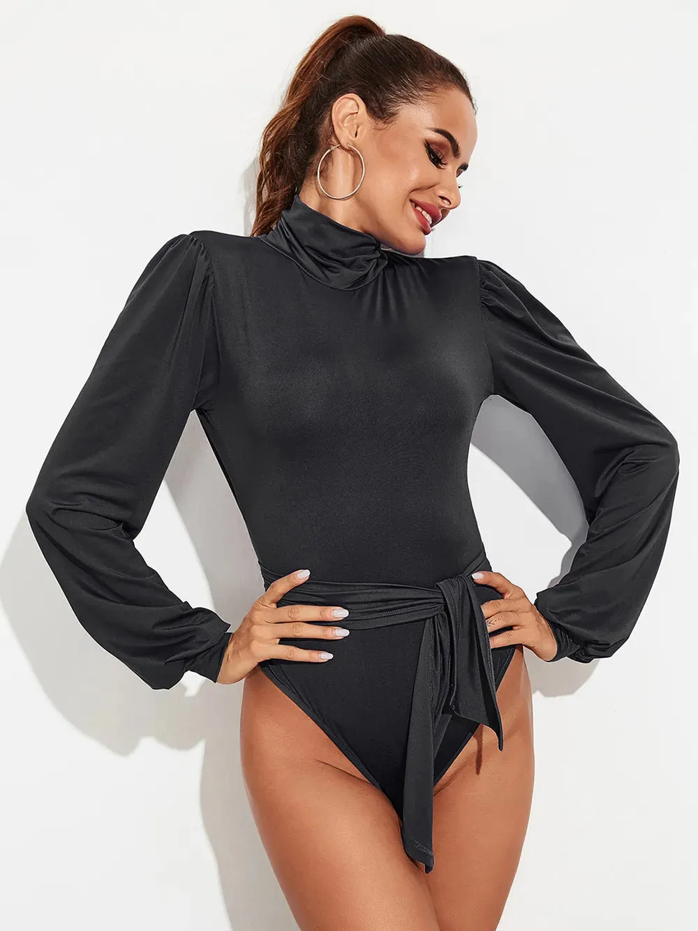 Backless Tie-Waist Turtleneck Lantern Sleeve Bodysuit sold by Gigi Laurent product image thumbnail 4