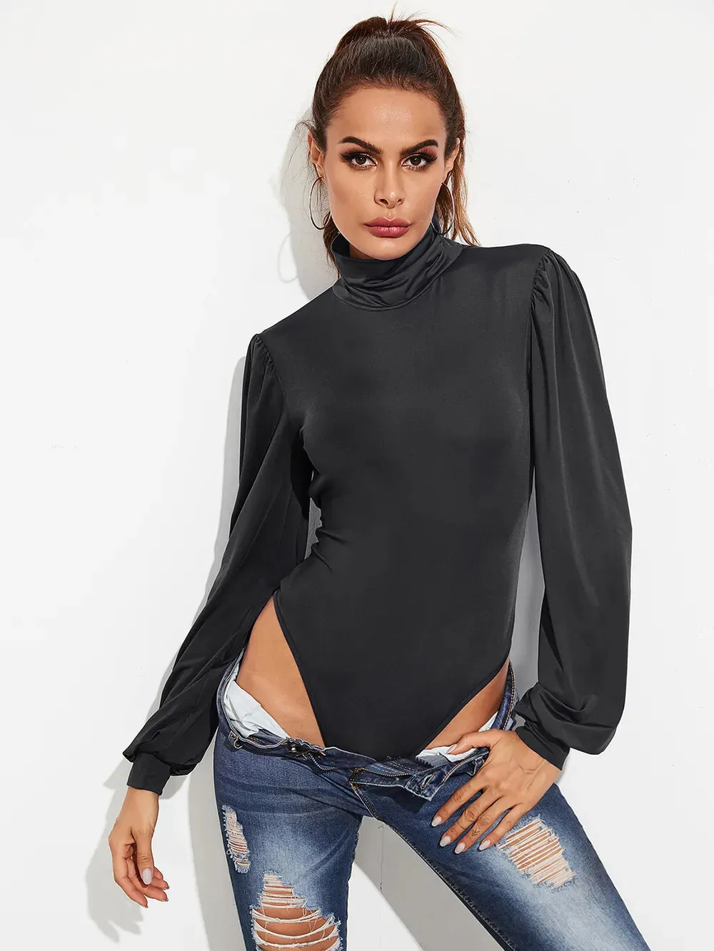 Backless Tie-Waist Turtleneck Lantern Sleeve Bodysuit sold by Gigi Laurent product image thumbnail 3