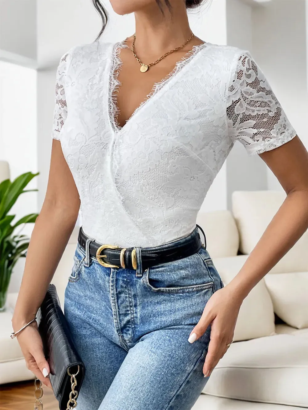 Perfee Cutout V-Neck Short Sleeve Lace Bodysuit sold by Gigi Laurent product image thumbnail 5