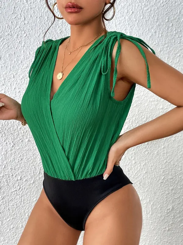 Perfee Surplice Tie-Shoulder Bodysuit sold by Gigi Laurent