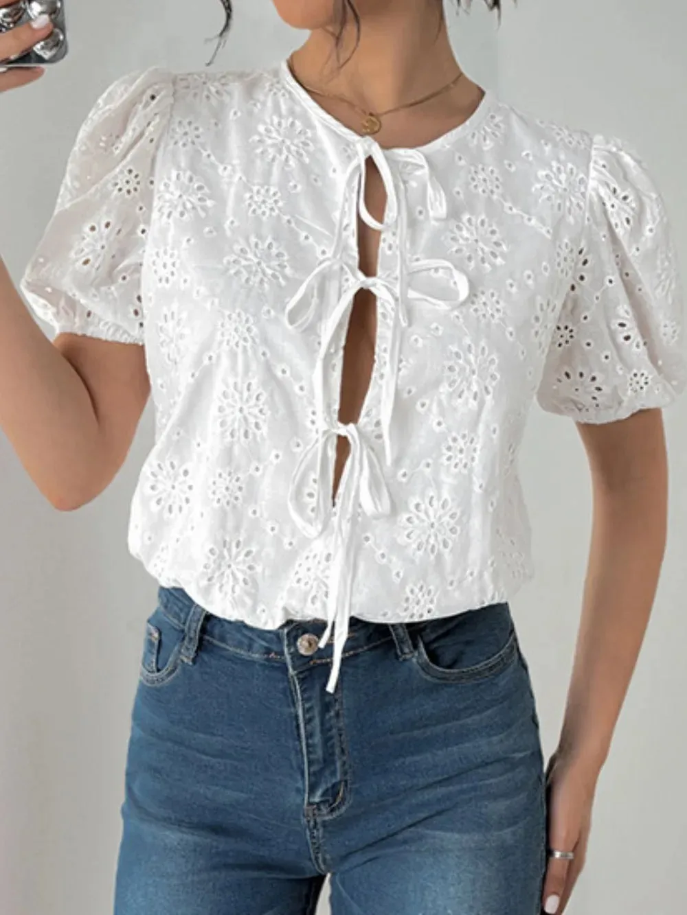 Perfee Tied Eyelet Short Sleeve Bodysuit sold by Gigi Laurent product image thumbnail 4