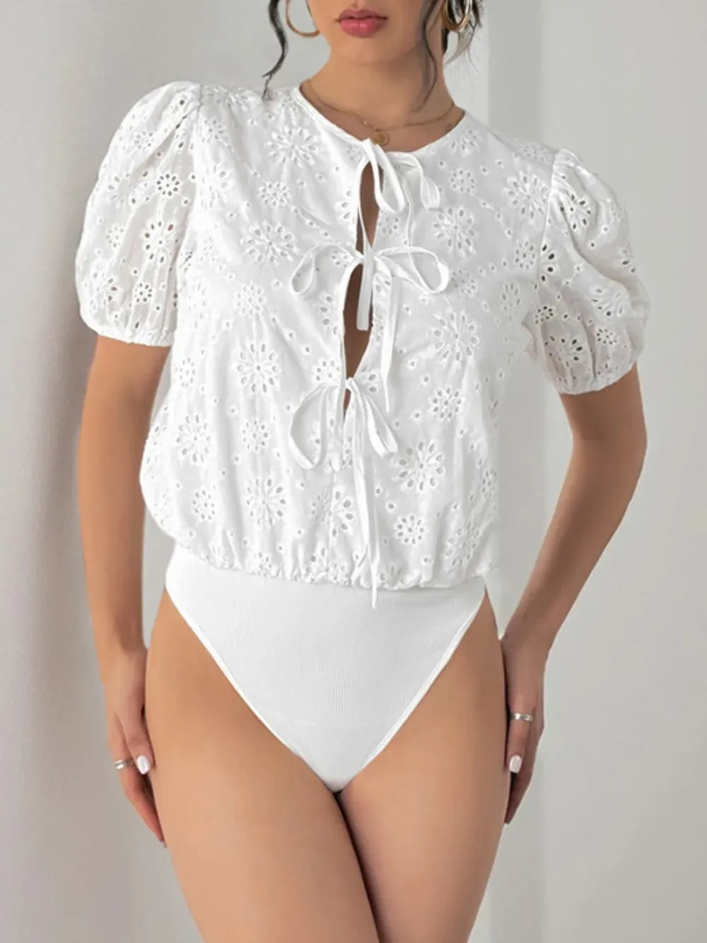 Perfee Tied Eyelet Short Sleeve Bodysuit sold by Gigi Laurent product image thumbnail 3