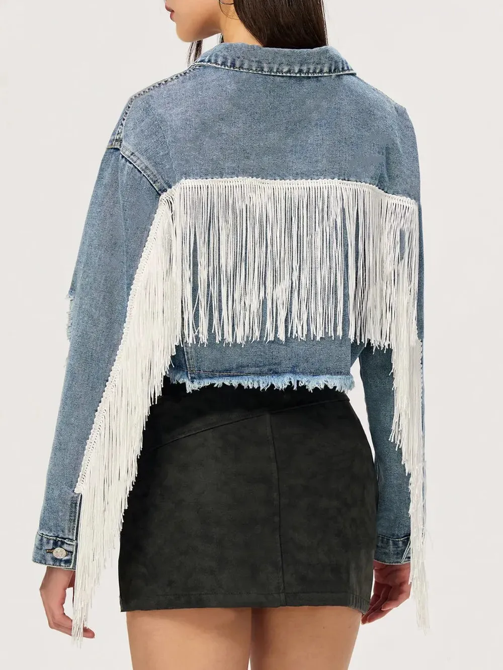 Distressed Fringe Collared Neck Cropped Denim Top sold by Gigi Laurent product image thumbnail 4