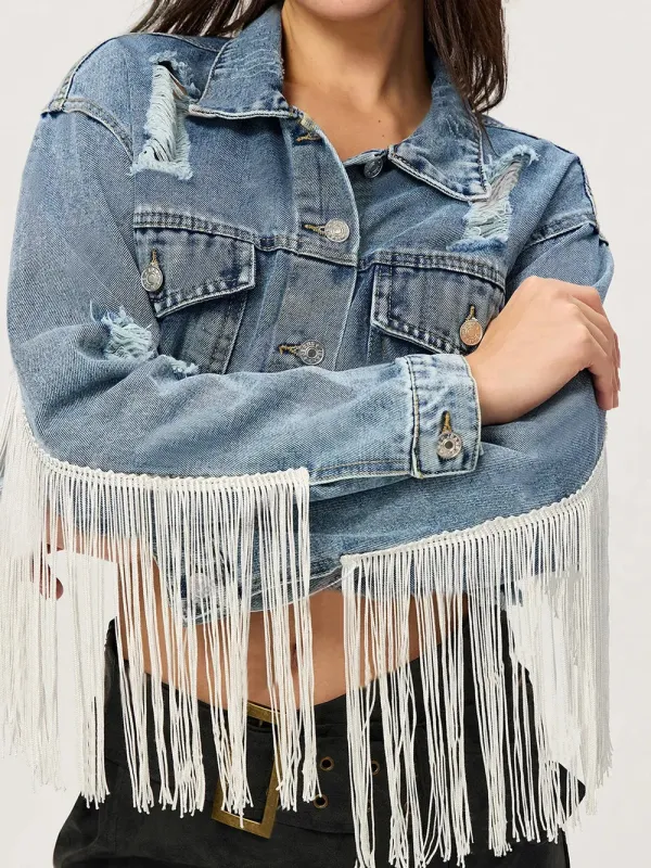 Distressed Fringe Collared Neck Cropped Denim Top sold by Gigi Laurent