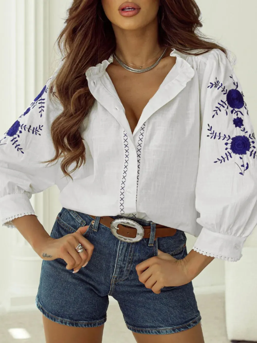 Frill Floral Embroidered Sleeve Shirt sold by Gigi Laurent product image thumbnail 3