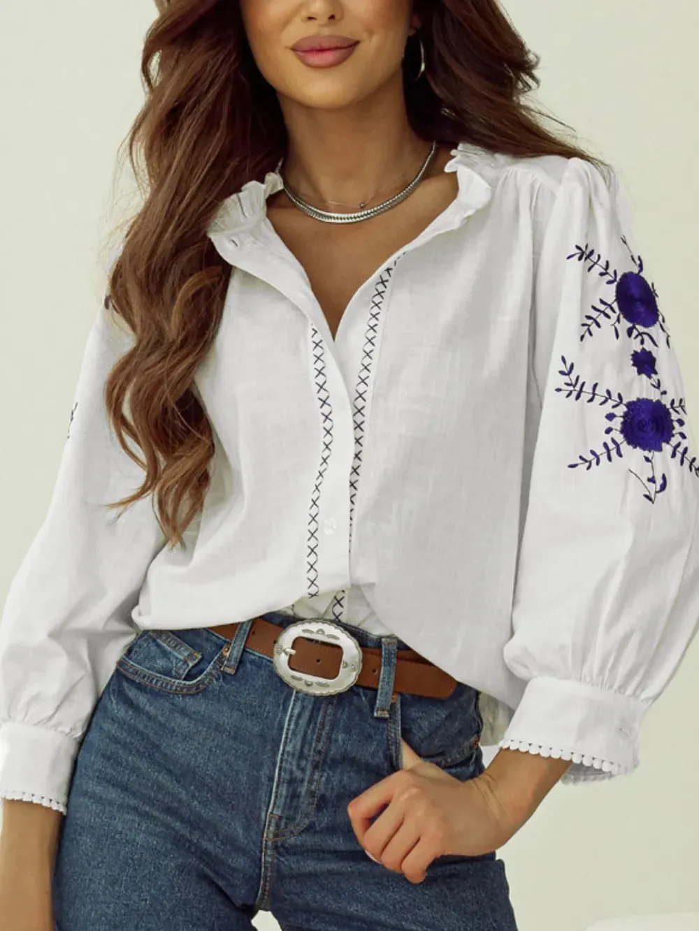 Frill Floral Embroidered Sleeve Shirt sold by Gigi Laurent