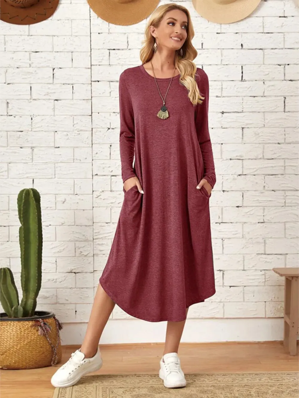 Pocketed Round Neck Long Sleeve Tee Dress sold by Gigi Laurent