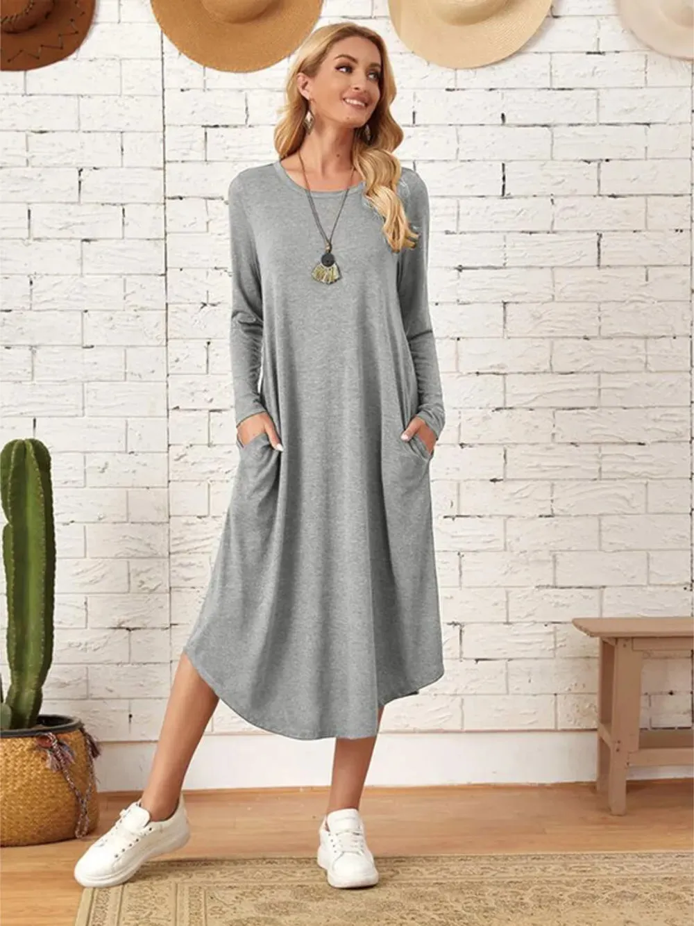 Pocketed Round Neck Long Sleeve Tee Dress sold by Gigi Laurent product image thumbnail 4