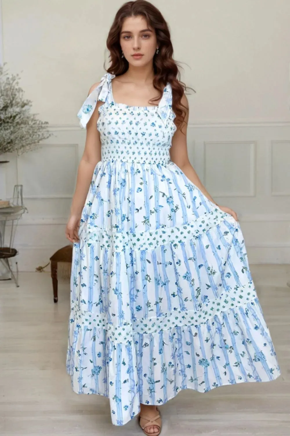 Floral Smocked Tied Straps A-Lined Tiered Dress sold by Gigi Laurent product image thumbnail 2