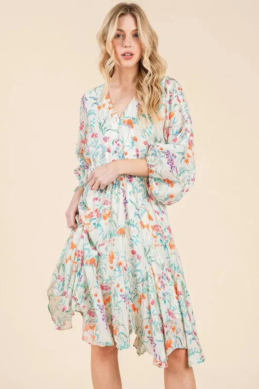 Lime 'N' Chili Floral Cinched Waist Balloon Sleeve V-Neck Dress sold by Gigi Laurent product image thumbnail 2