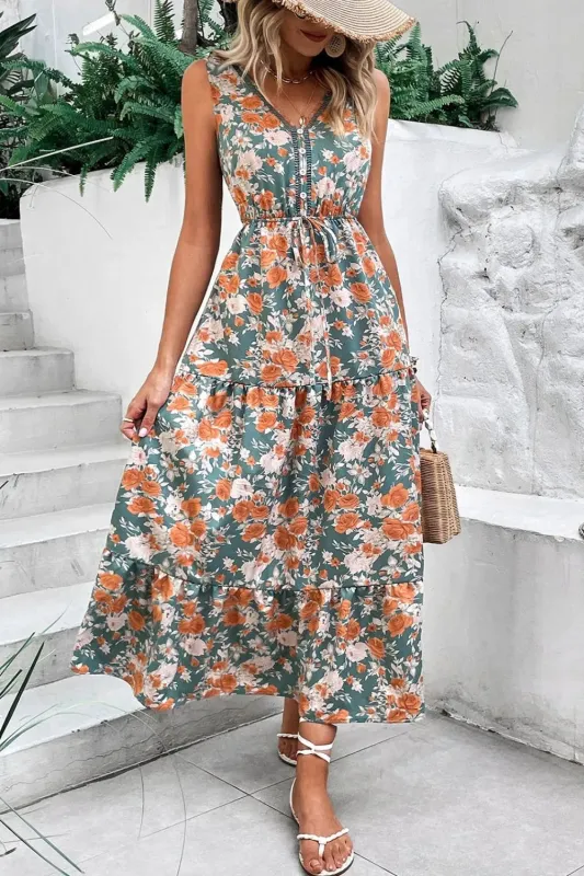 Floral Print Trimmed V Neck Tie Waist Sleeveless Dress sold by Gigi Laurent