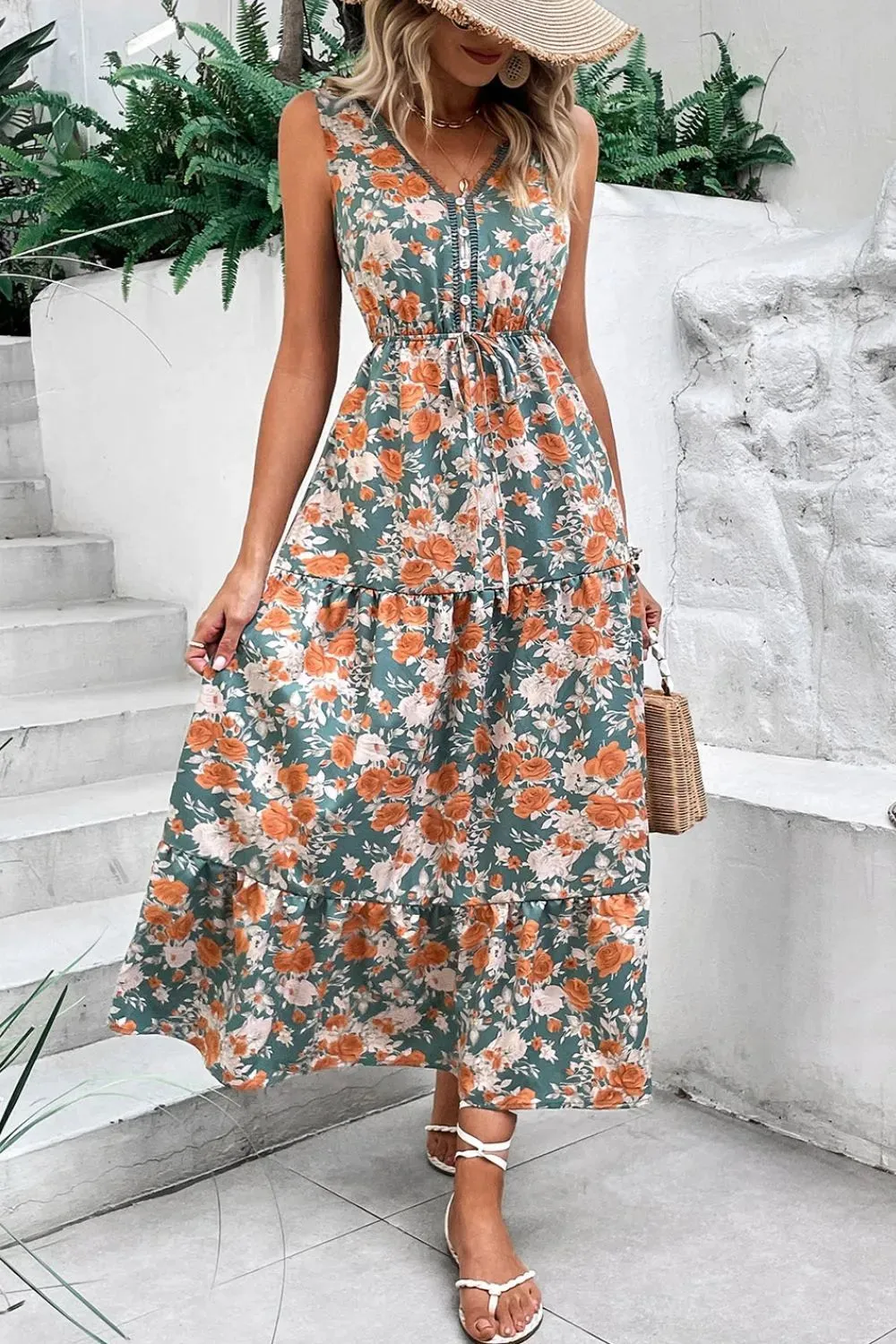 Floral Print Trimmed V Neck Tie Waist Sleeveless Dress sold by Gigi Laurent
