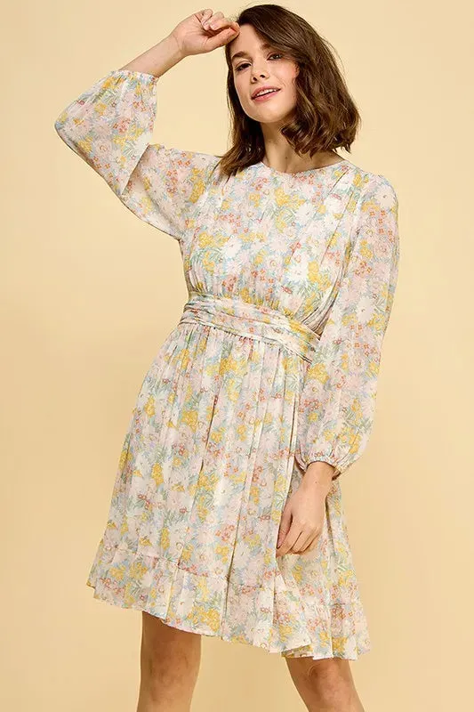 Lime 'N' Chili Chiffon Floral Print Belted Dress with Back Zipper sold by Gigi Laurent