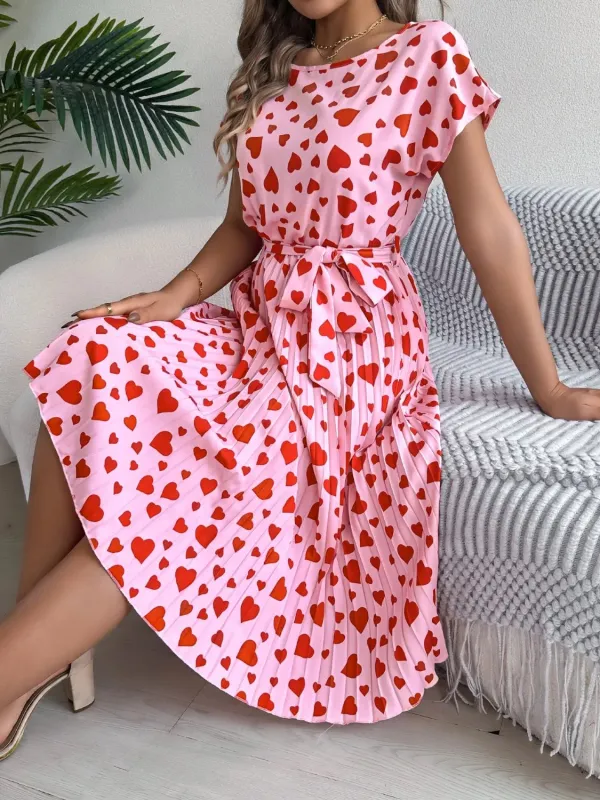 Heart Print Short Sleeve Tie Waist Dress sold by Gigi Laurent