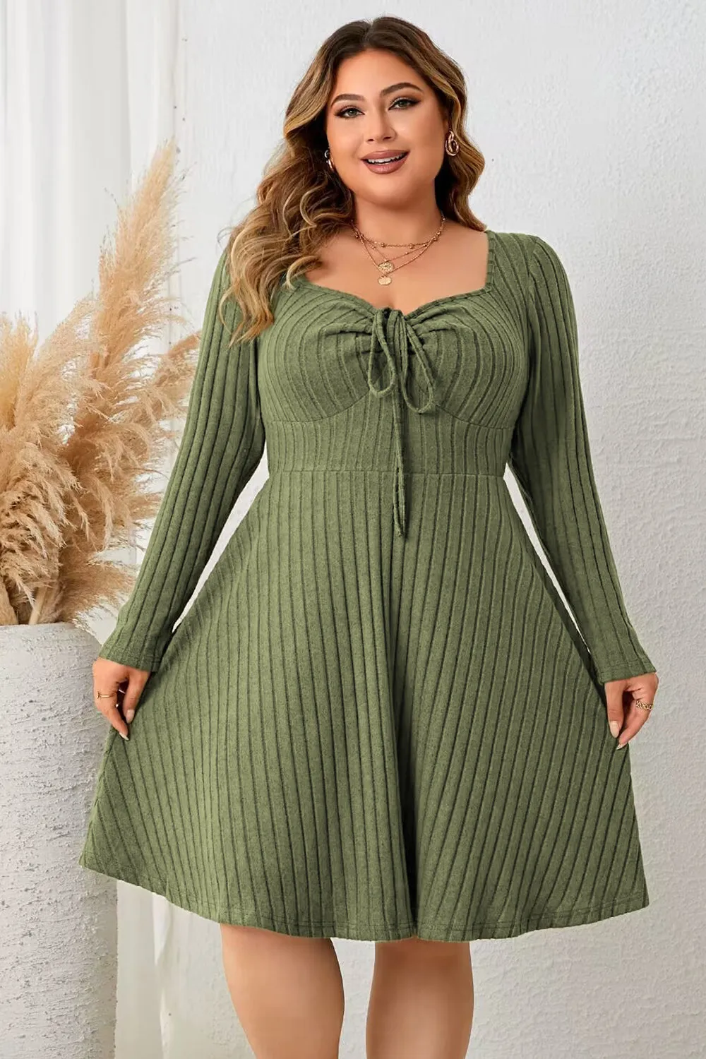 Honey Plus Size Sweetheart Neck Long Sleeve Ribbed Dress sold by Gigi Laurent