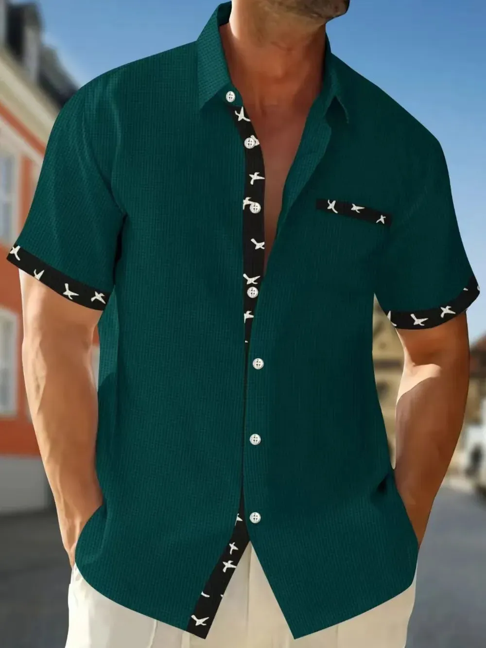 Men's Full Size Contrast Trim Waffle Knit Short Sleeve Shirt Plus Size sold by Gigi Laurent product image thumbnail 4