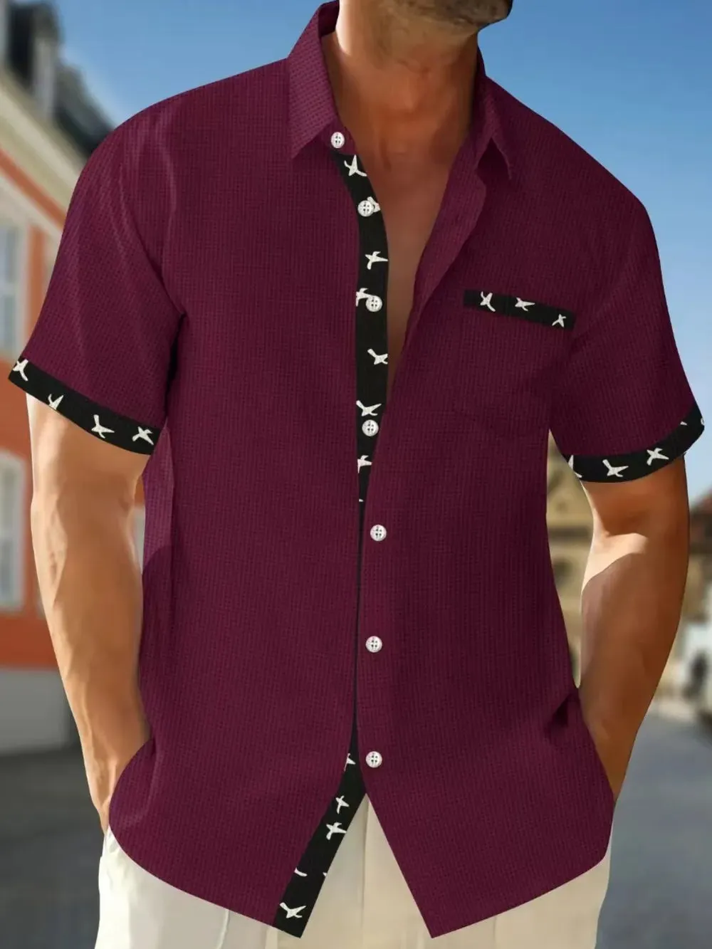 Men's Full Size Contrast Trim Waffle Knit Short Sleeve Shirt Plus Size sold by Gigi Laurent