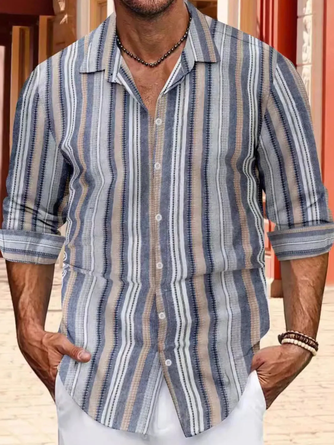 Men's Full Size Striped Button Up Long Sleeve Shirt Plus Size sold by Gigi Laurent product image thumbnail 4