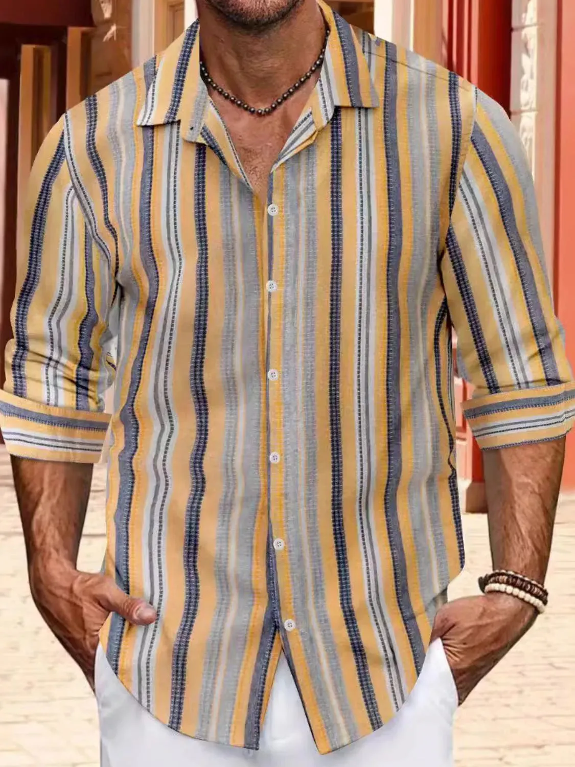 Men's Full Size Striped Button Up Long Sleeve Shirt Plus Size sold by Gigi Laurent product image thumbnail 2