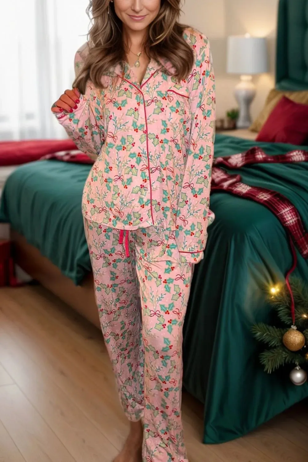 Printed Collared Neck Long Sleeve Top and Pants Lounge Set sold by Gigi Laurent