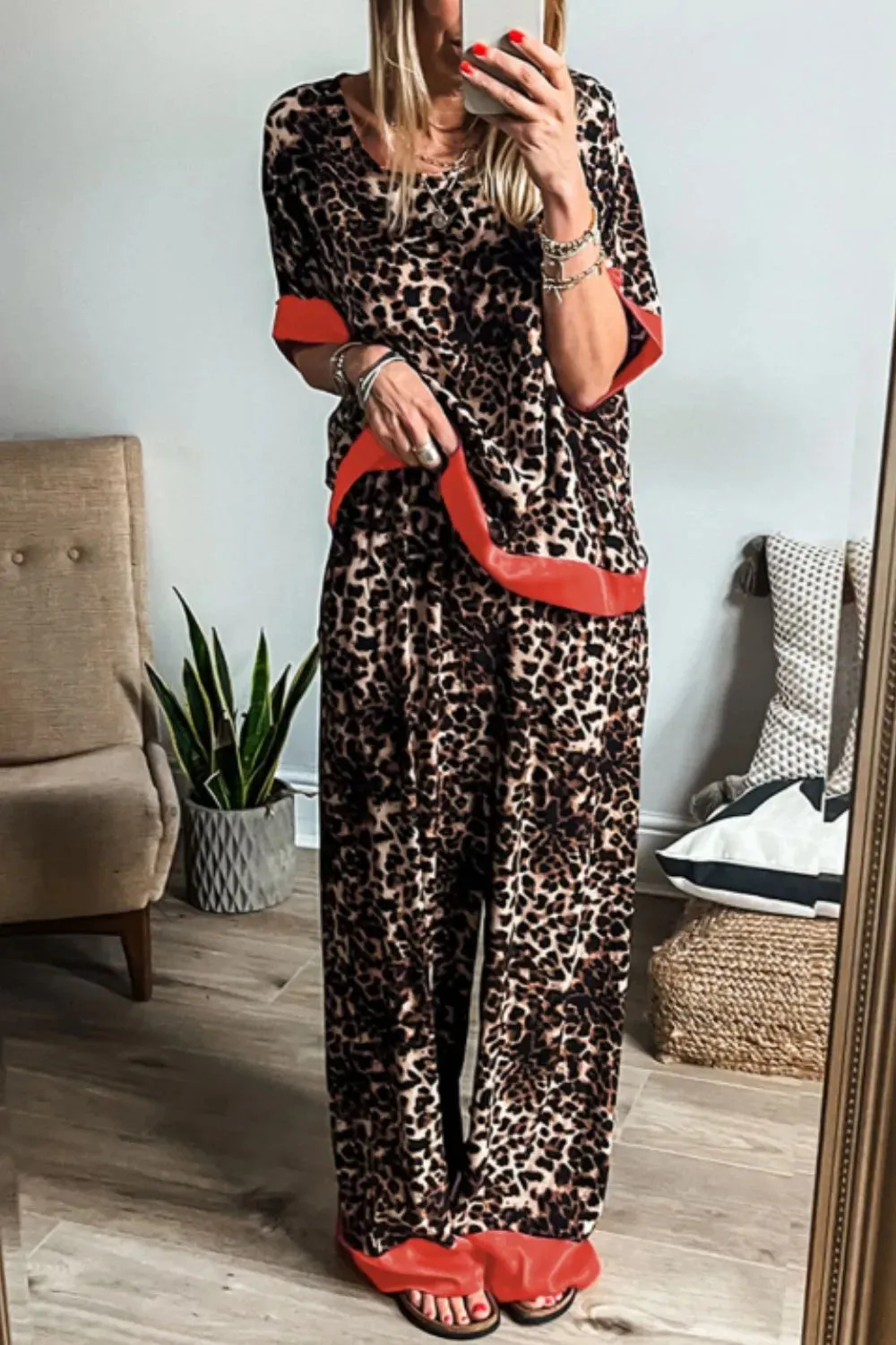 Contrast Trim Leopard Round Neck Top and Pants Lounge Set sold by Gigi Laurent product image thumbnail 2