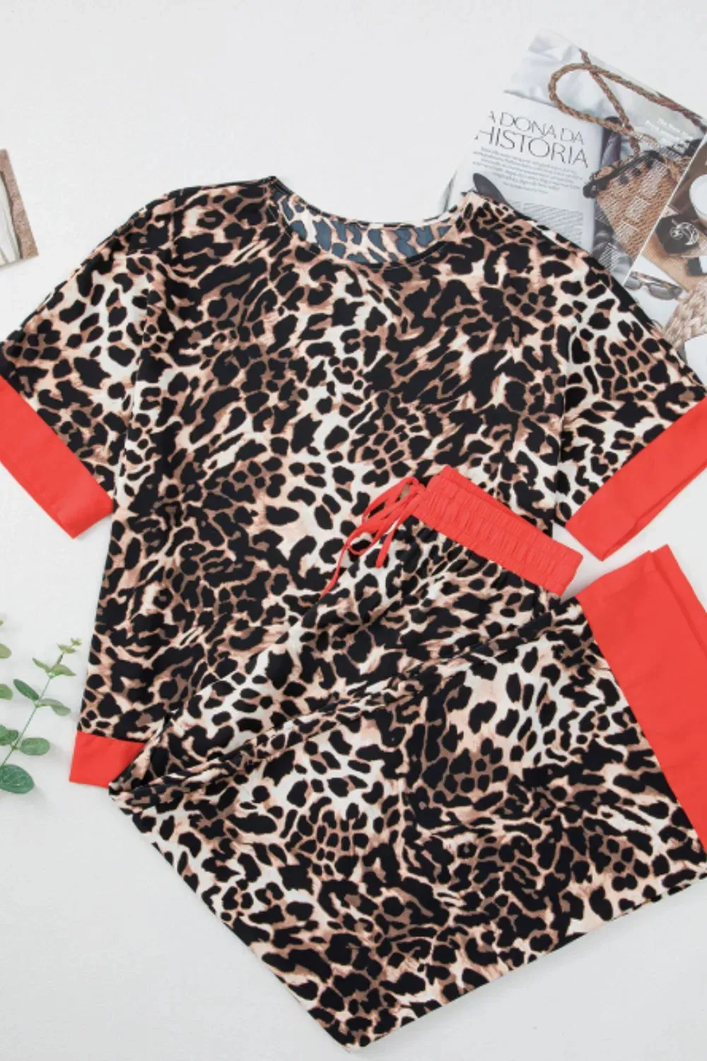 Contrast Trim Leopard Round Neck Top and Pants Lounge Set sold by Gigi Laurent product image thumbnail 4