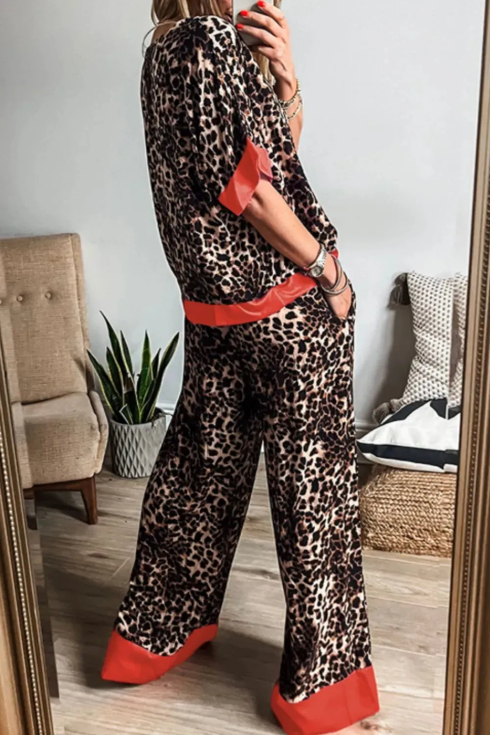 Contrast Trim Leopard Round Neck Top and Pants Lounge Set sold by Gigi Laurent product image thumbnail 3