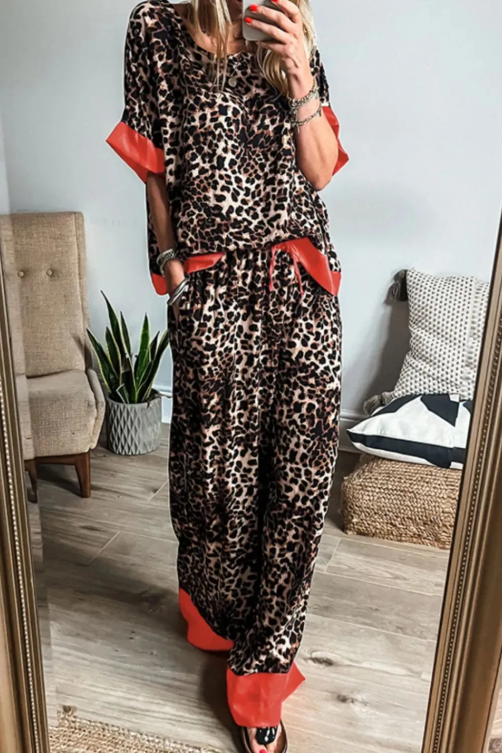 Contrast Trim Leopard Round Neck Top and Pants Lounge Set sold by Gigi Laurent