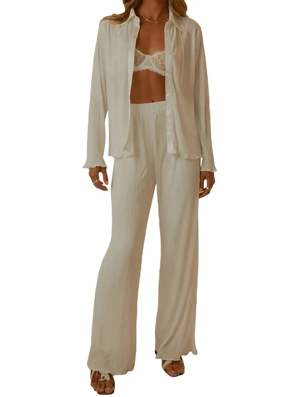 Collared Neck Long Sleeve Top and Pants Lounge Set sold by Gigi Laurent product image thumbnail 3