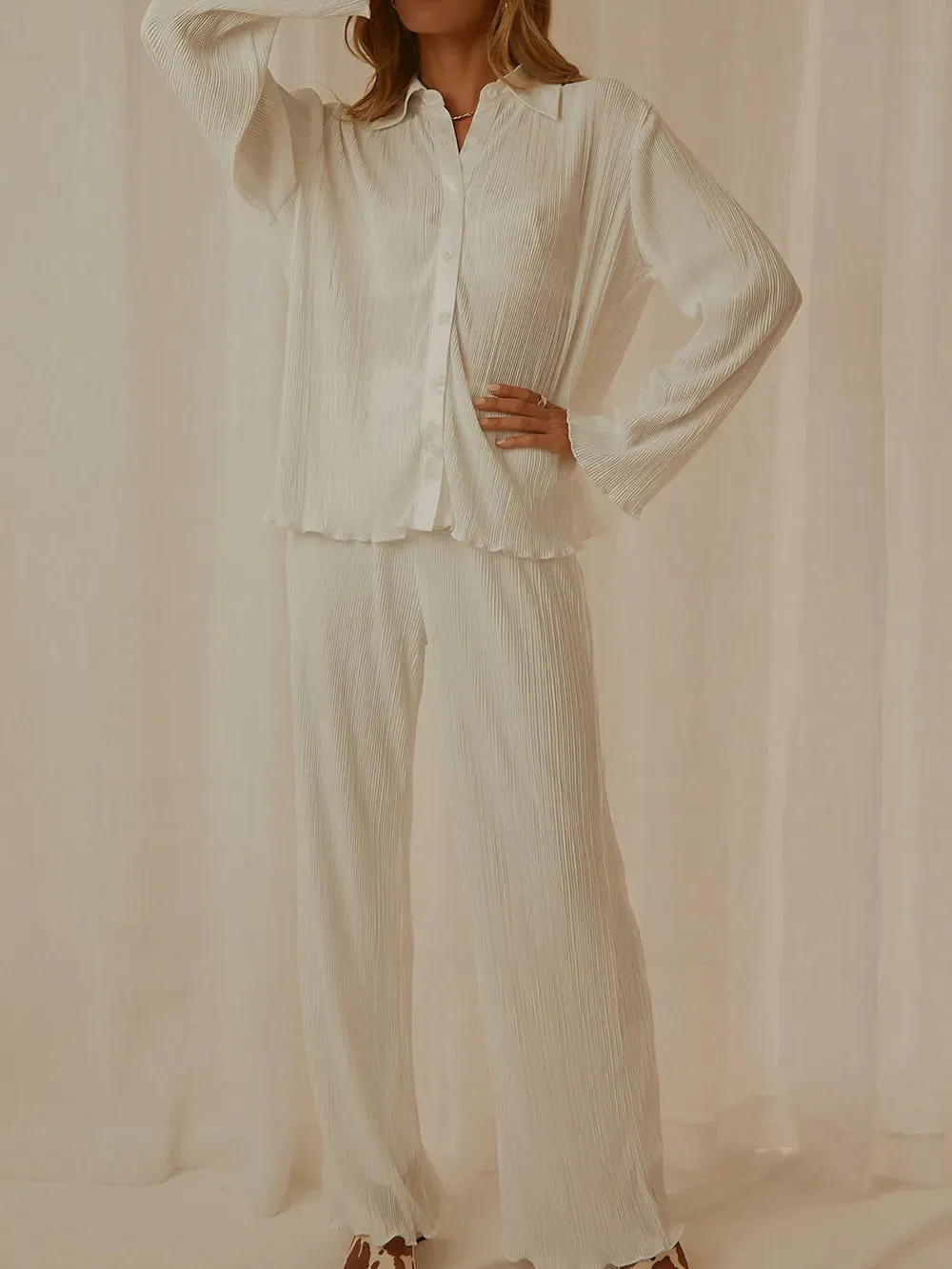 Collared Neck Long Sleeve Top and Pants Lounge Set sold by Gigi Laurent